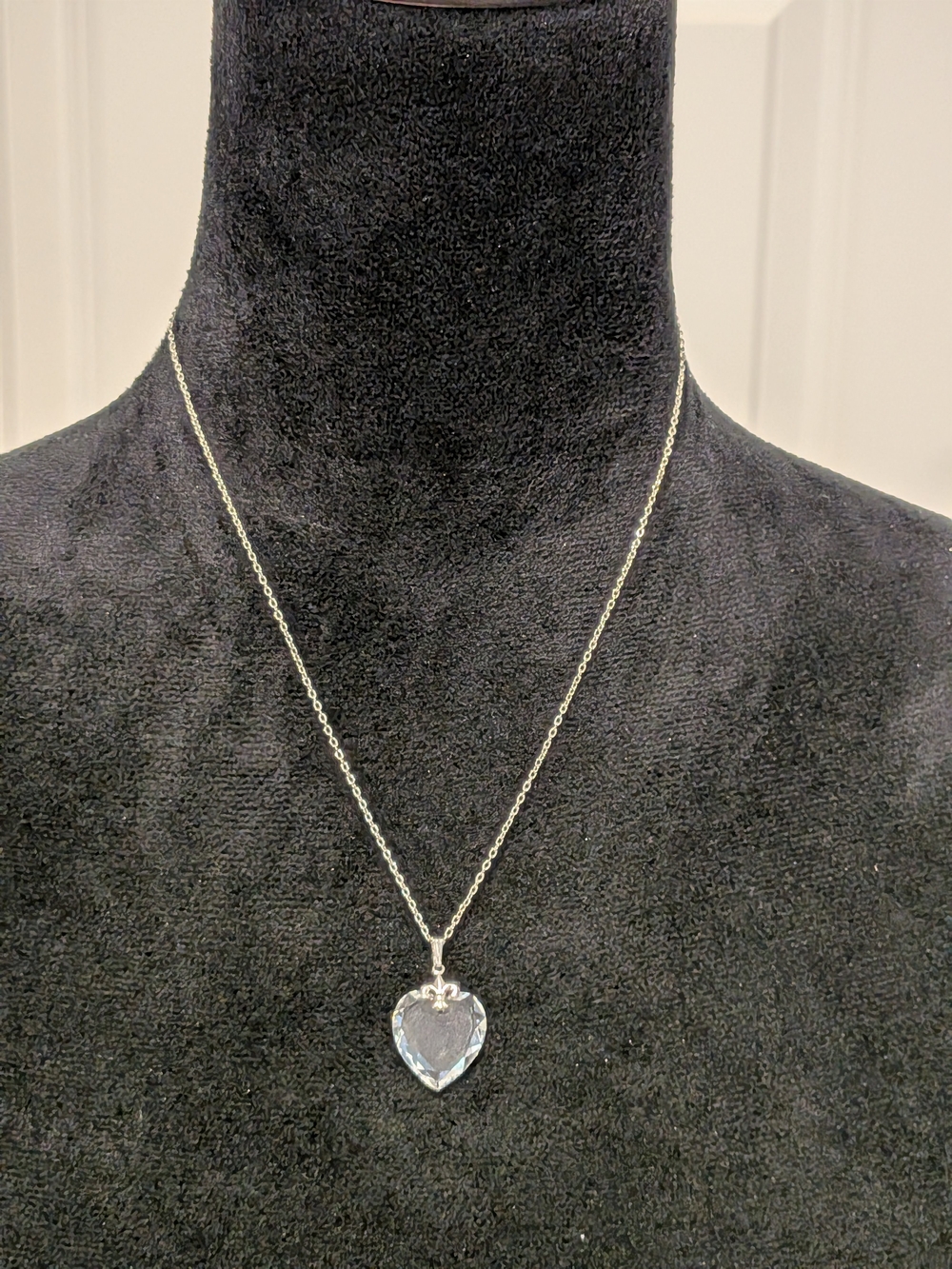 Whiting Davis Silver Tone Heart Pendant Necklace 10" with Clear Crystal Accent
